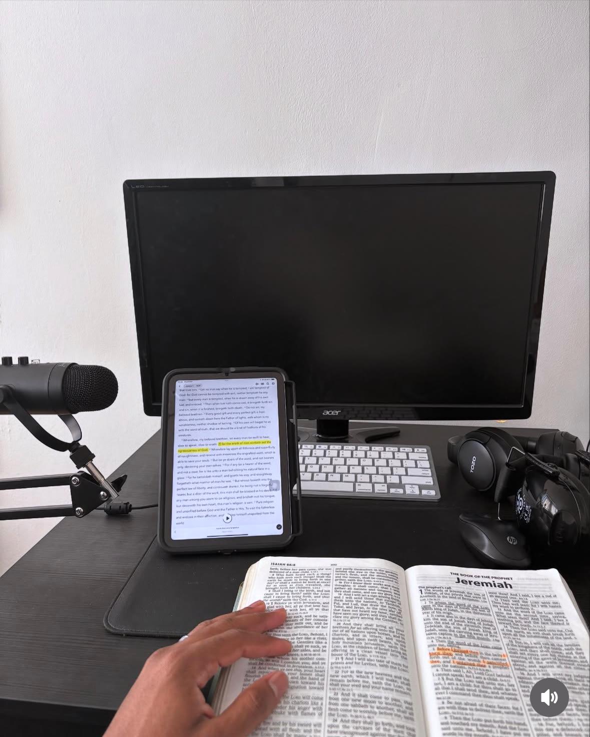 Canonical Study Desk with Jeremiah Bible and Recording Equipment